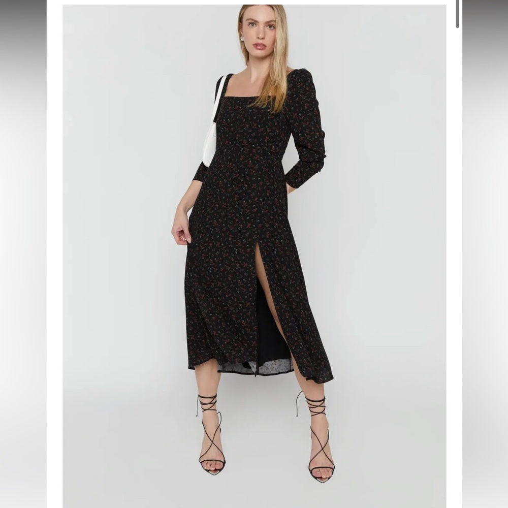 Oak + Fort Midi Dress in Black Floral